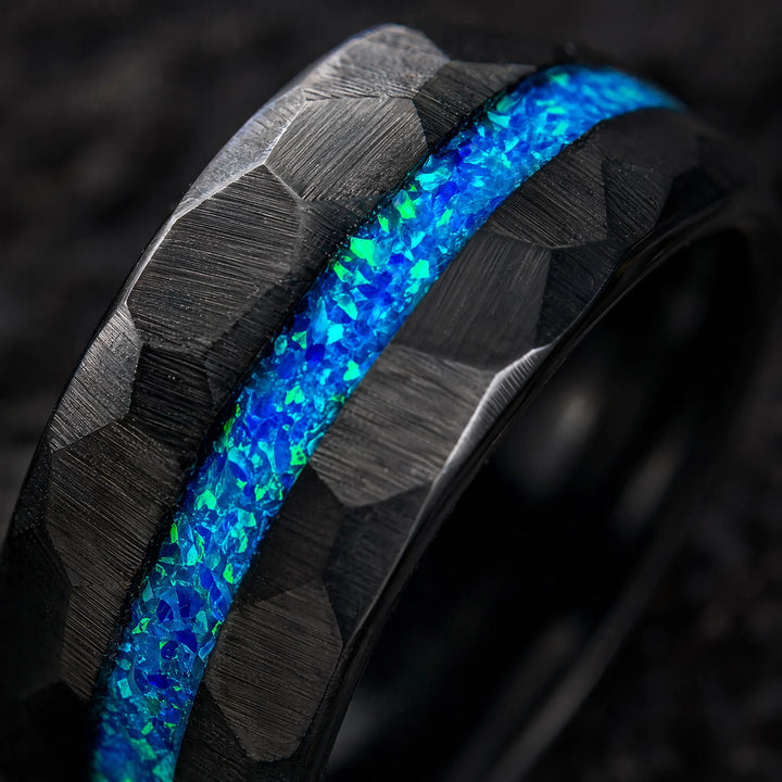 The Leyline hammered tungsten and blue opal ring - detail view