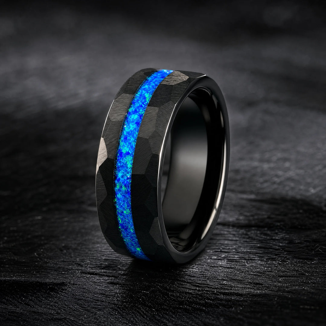 The Leyline hammered tungsten and blue opal ring - hero view