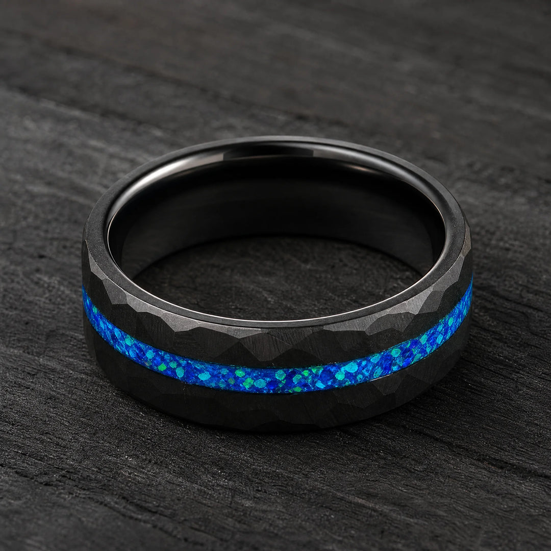 The Leyline hammered tungsten and blue opal ring - inner view