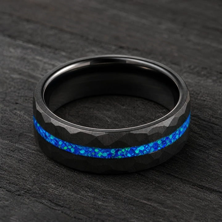 The Leyline hammered tungsten and blue opal ring - inner view