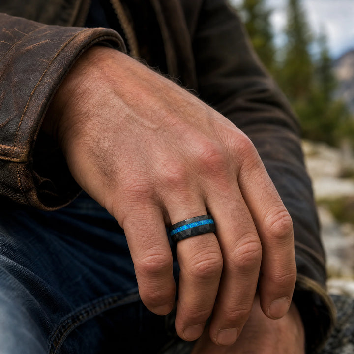 The Leyline hammered tungsten and blue opal ring - on-hand view