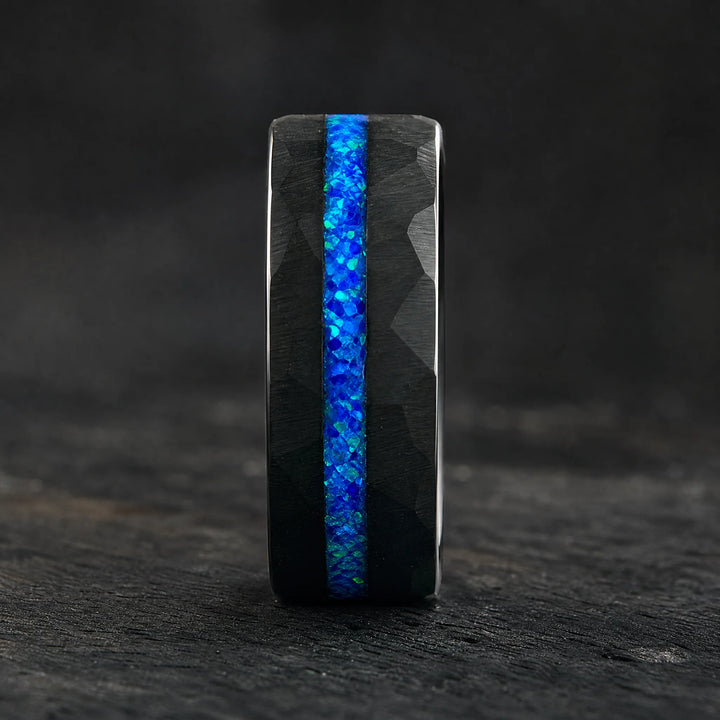 The Leyline hammered tungsten and blue opal ring - side view