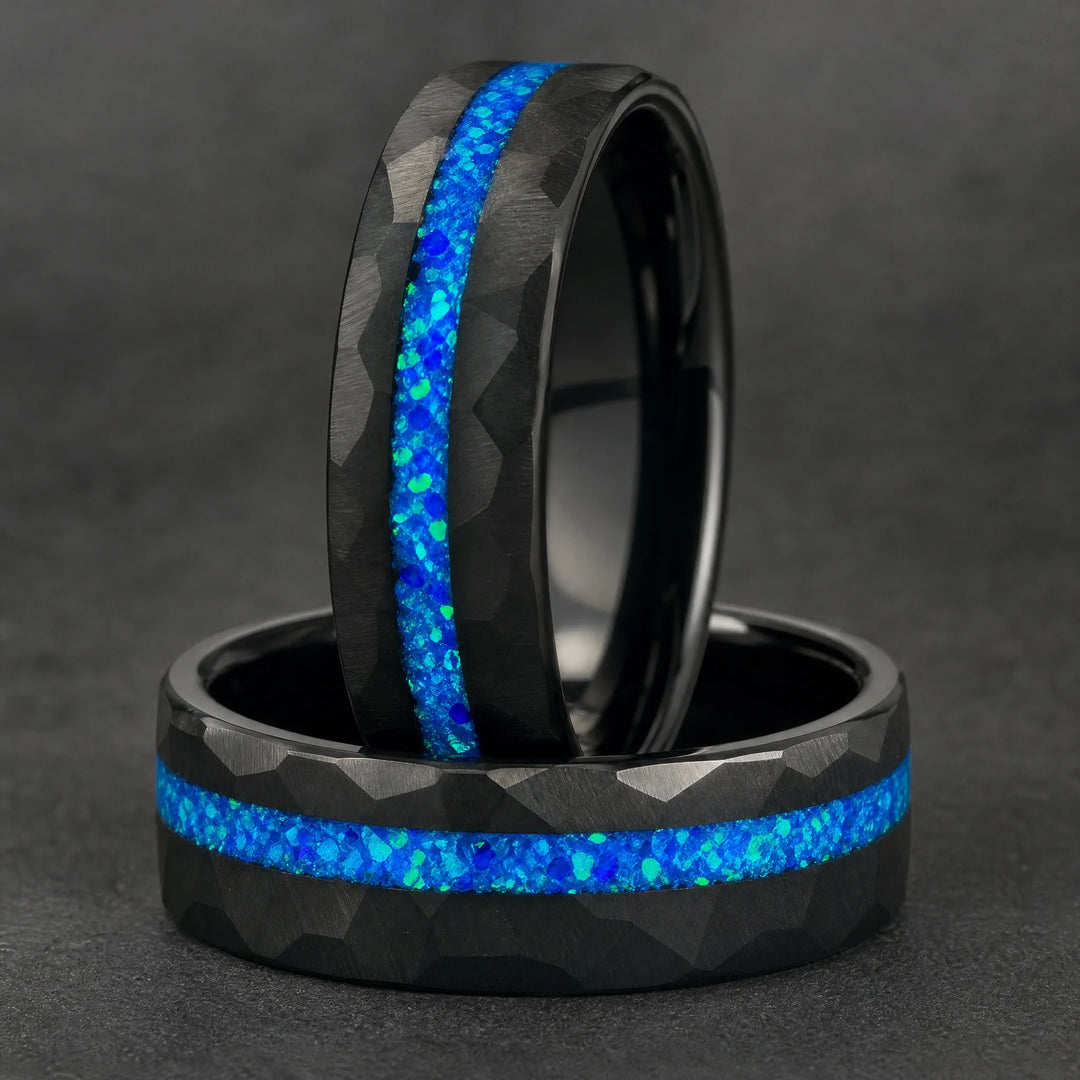 The Leyline hammered tungsten and blue opal ring - stacked view