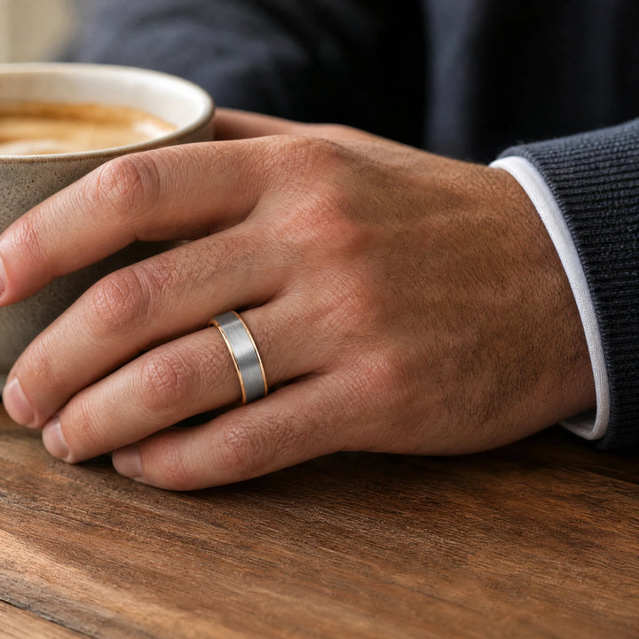 The Mandate Brushed Tungsten and 18K Gold ring - on-hand view