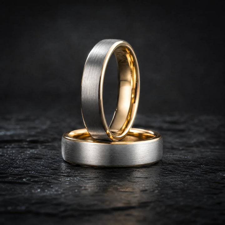 The Mandate Brushed Tungsten and 18K Gold ring - stacked view