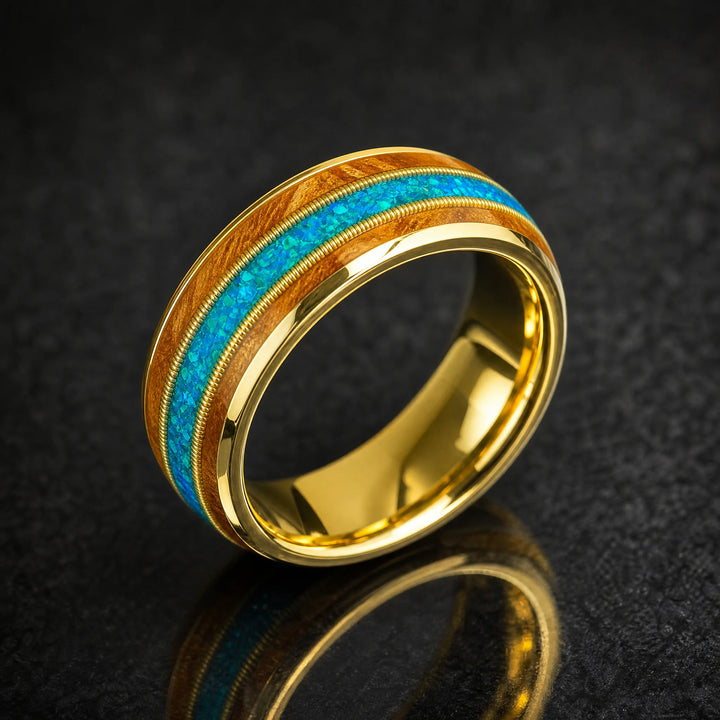 The Meridian 18K Gold, Koa Wood and Opal ring - angled view