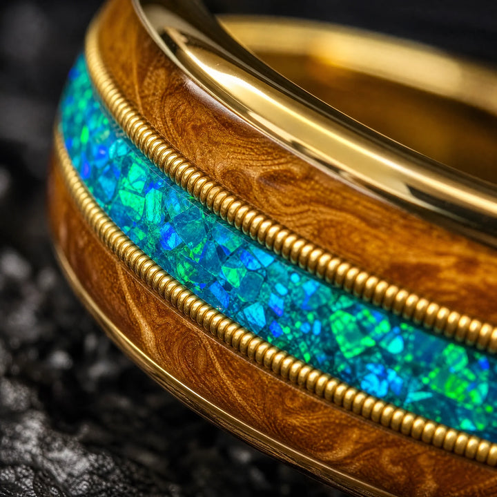 The Meridian 18K Gold, Koa Wood and Opal ring - detail view