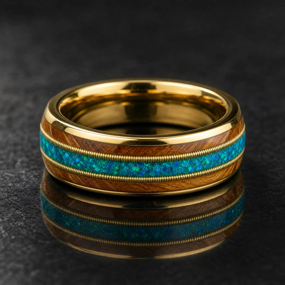 The Meridian 18K Gold, Koa Wood and Opal ring - hero view