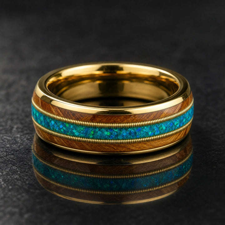The Meridian 18K Gold, Koa Wood and Opal ring - hero view