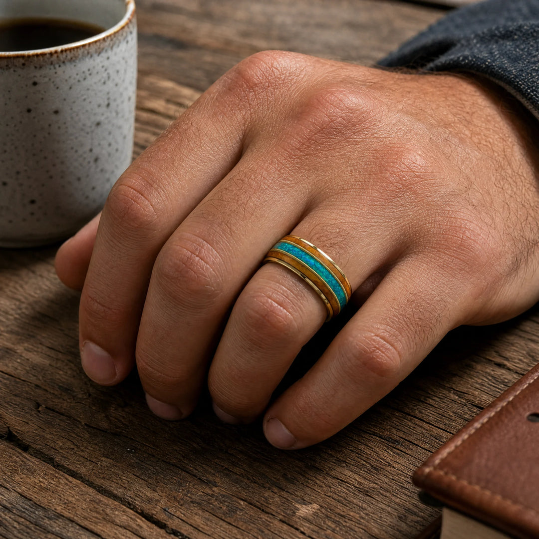The Meridian 18K Gold, Koa Wood and Opal ring - on-hand view