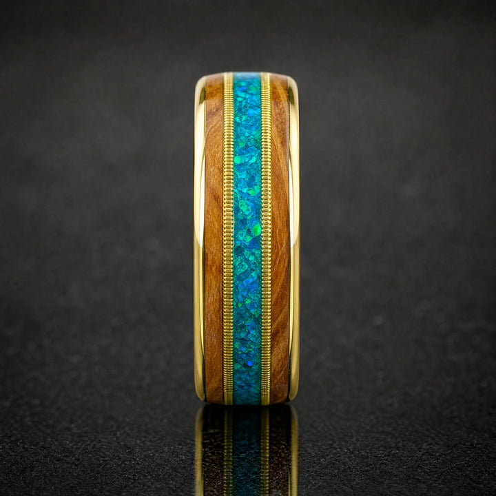The Meridian 18K Gold, Koa Wood and Opal ring - side view