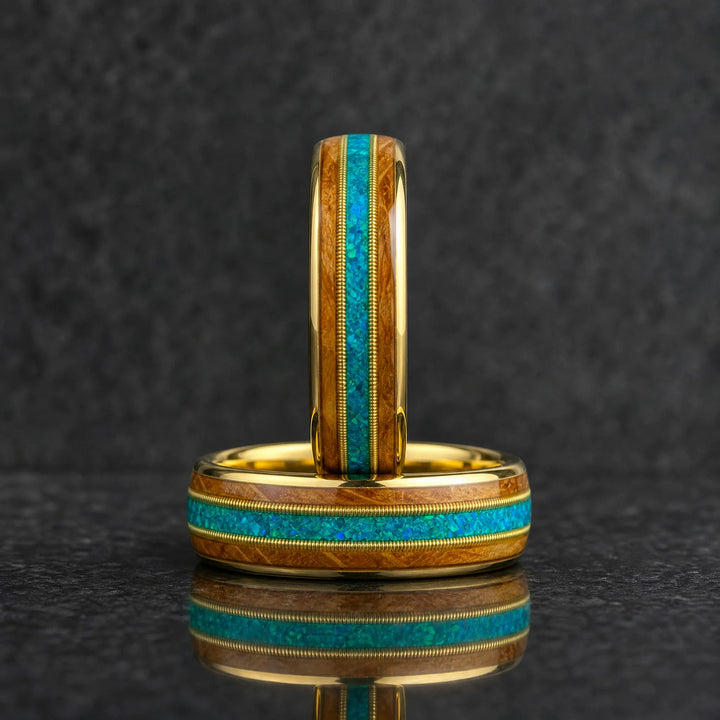 The Meridian 18K Gold, Koa Wood and Opal ring - stacked view