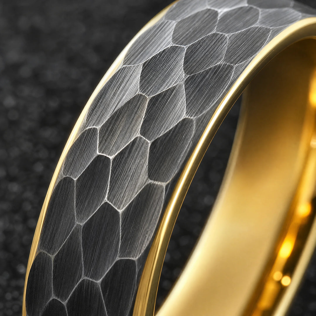 The Myrmidon hammered tungsten and gold ring - detail view
