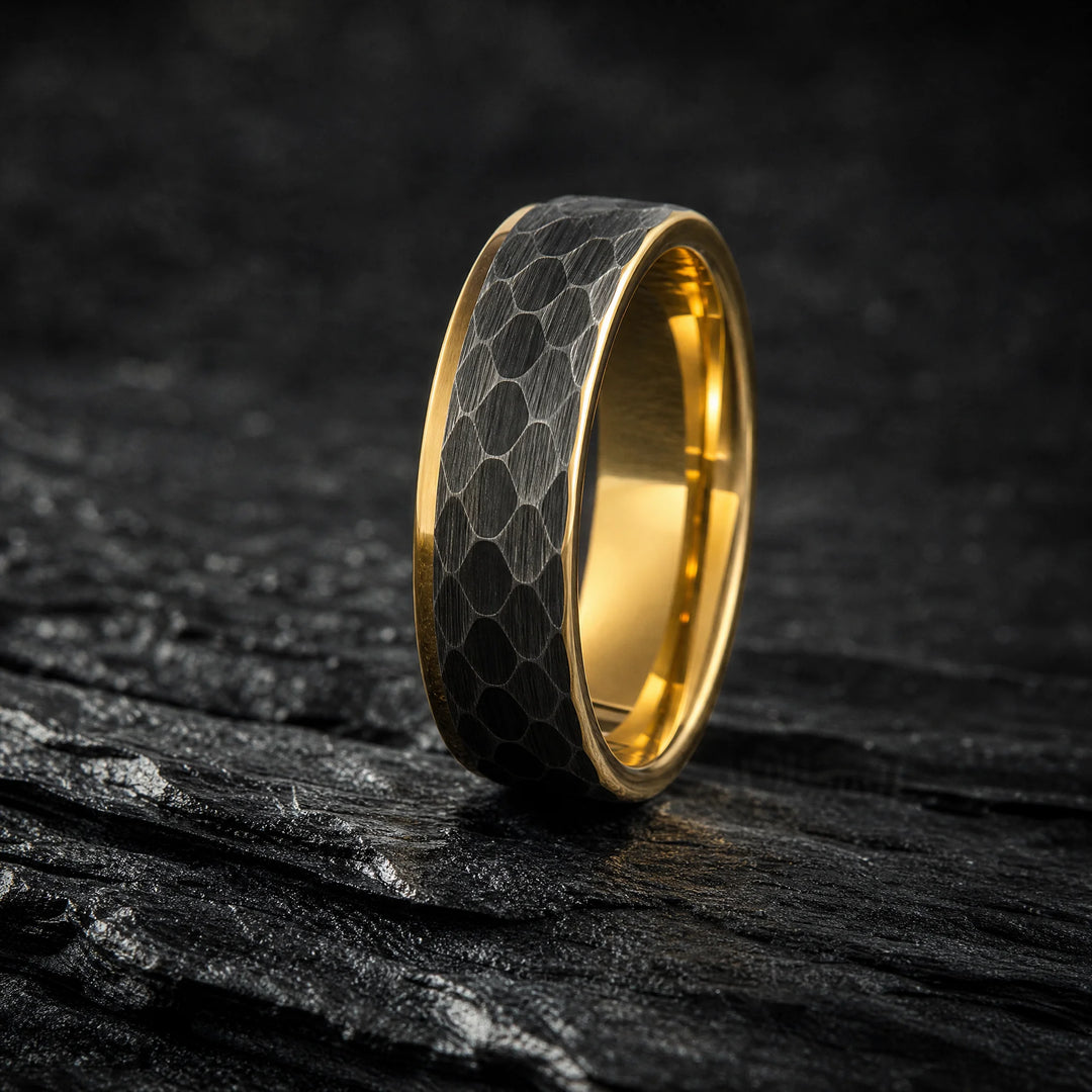 The Myrmidon hammered tungsten and gold ring - hero view