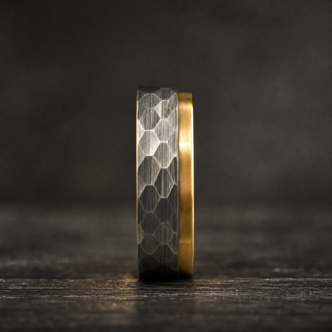 The Myrmidon hammered tungsten and gold ring - side view