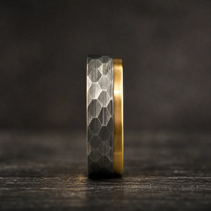 The Myrmidon hammered tungsten and gold ring - side view