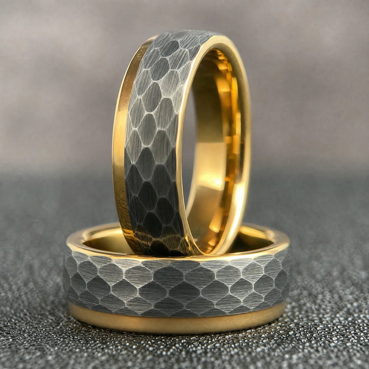 The Myrmidon hammered tungsten and gold ring - stacked view