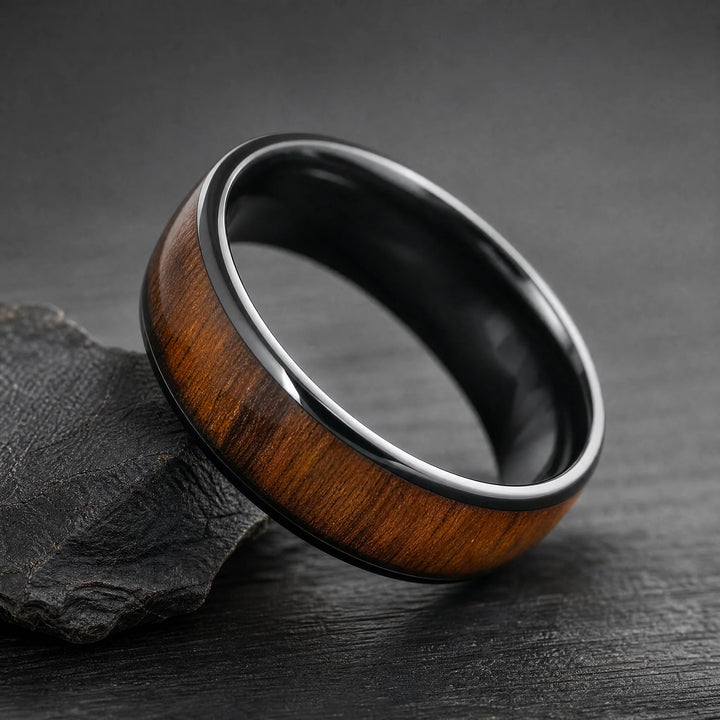 The Palisade black tungsten and wood ring - angled view