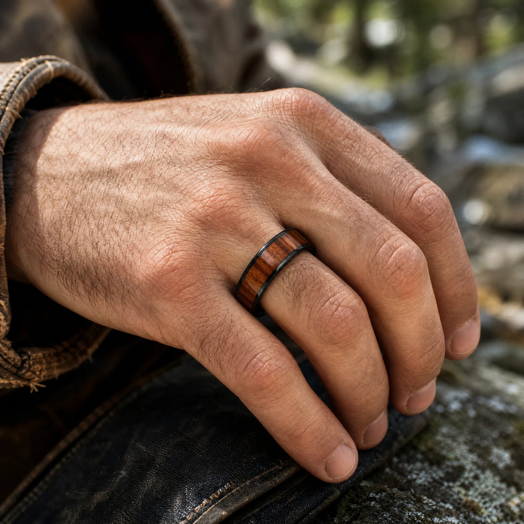 The Palisade black tungsten and wood ring - on-hand view