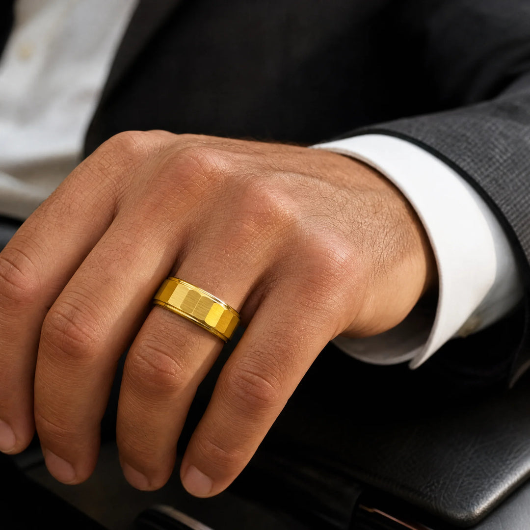 The Phalanx 18K gold tungsten ring - on-hand view