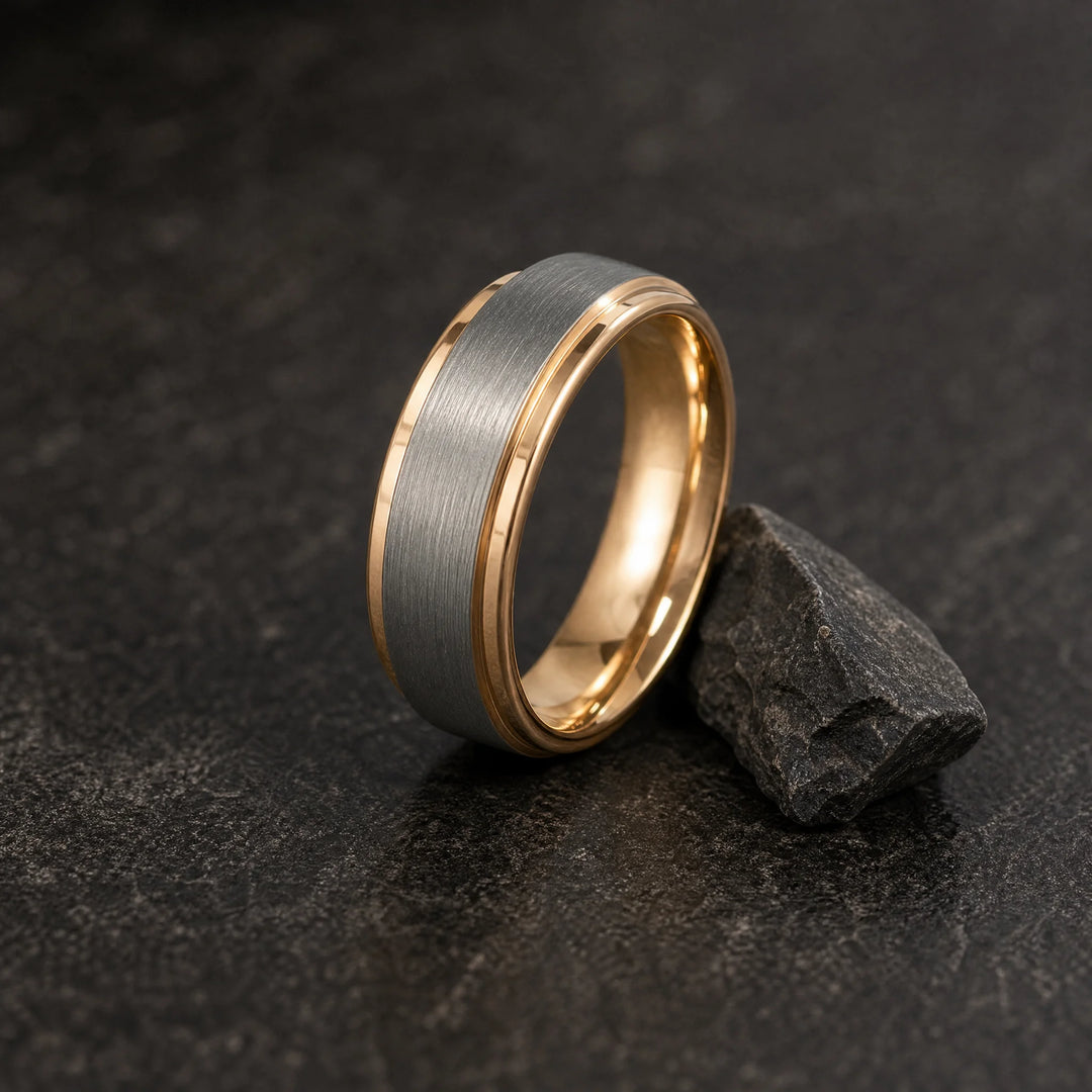 The Praetorian tungsten and gold ring - angled view