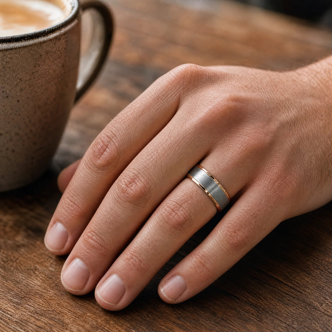 The Praetorian tungsten and gold ring - on-hand view