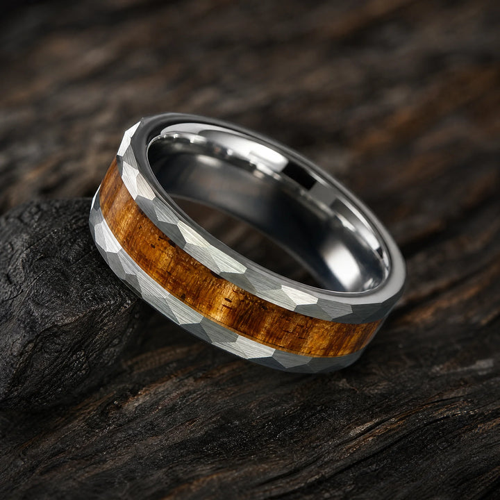 The Rampart Hammered Tungsten and Koa Wood ring - angled view