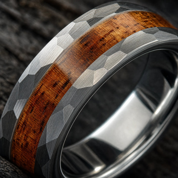 The Rampart Hammered Tungsten and Koa Wood ring - detail view
