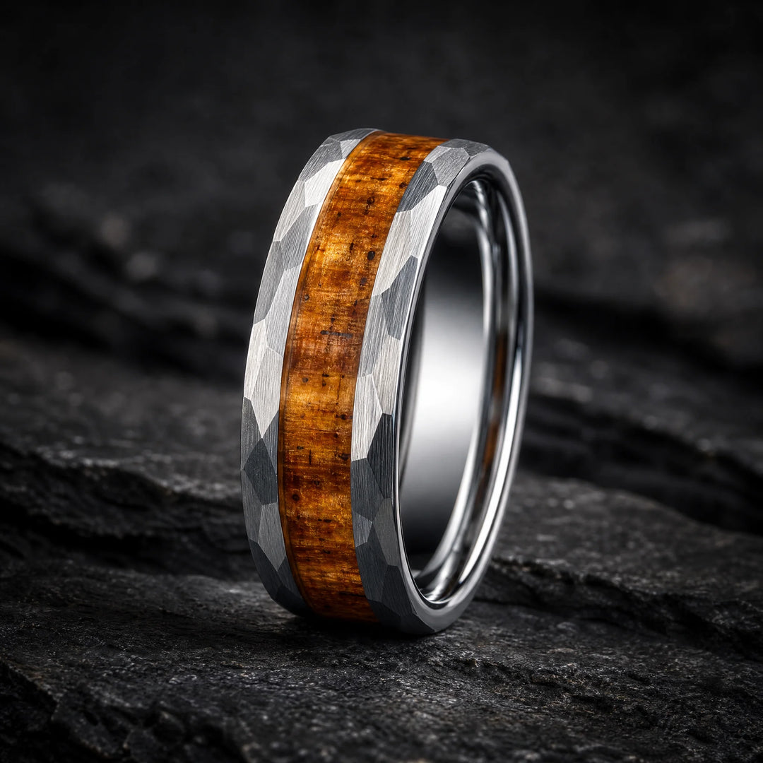The Rampart Hammered Tungsten and Koa Wood ring - hero view
