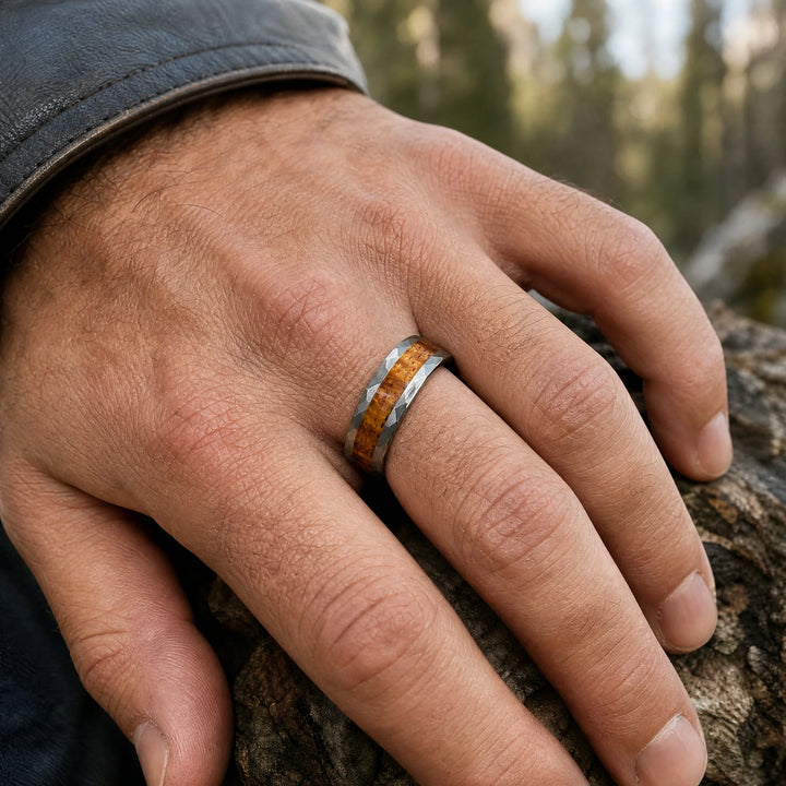 The Rampart Hammered Tungsten and Koa Wood ring - on-hand view
