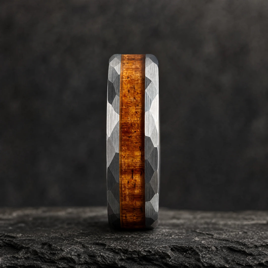 The Rampart Hammered Tungsten and Koa Wood ring - side view