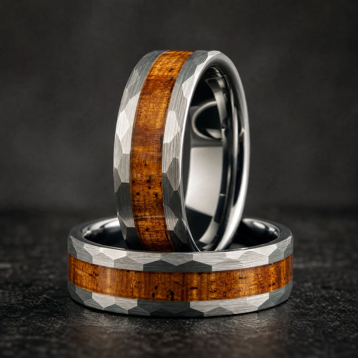 The Rampart Hammered Tungsten and Koa Wood rings - stacked view