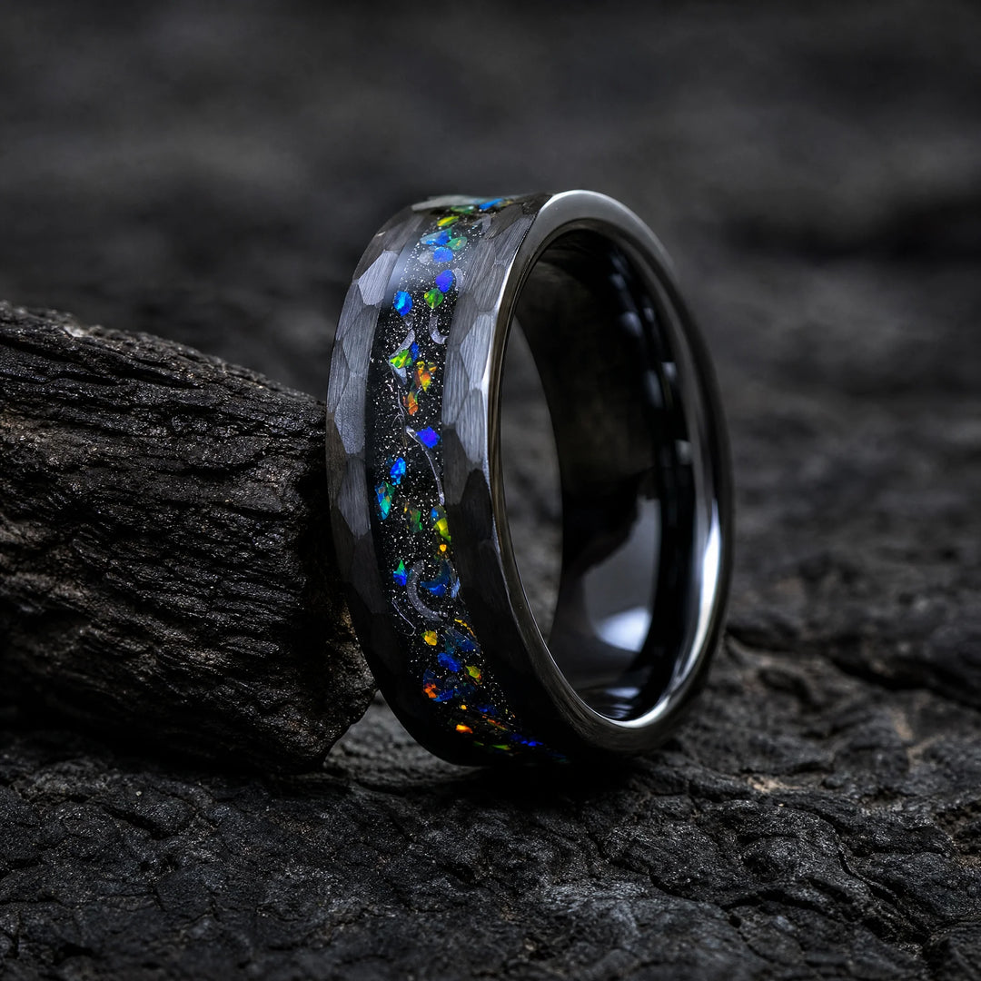 The Relic hammered tungsten and meteorite ring - angled view