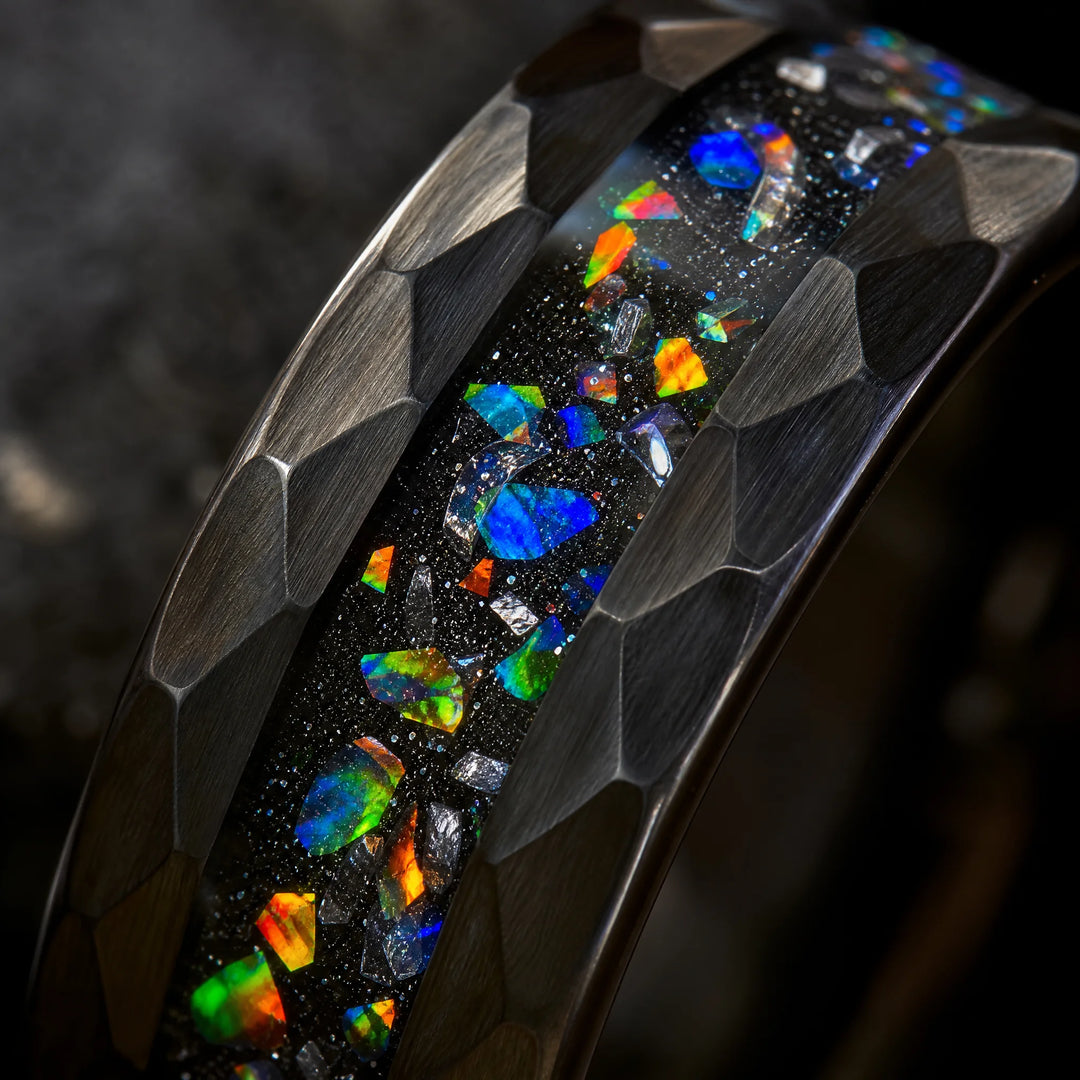 The Relic hammered tungsten and meteorite ring - detail view