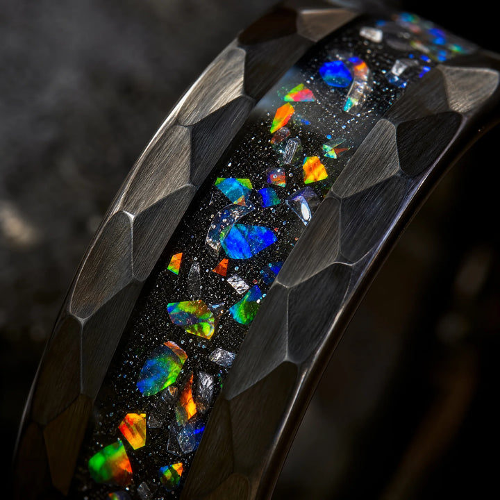 The Relic hammered tungsten and meteorite ring - detail view