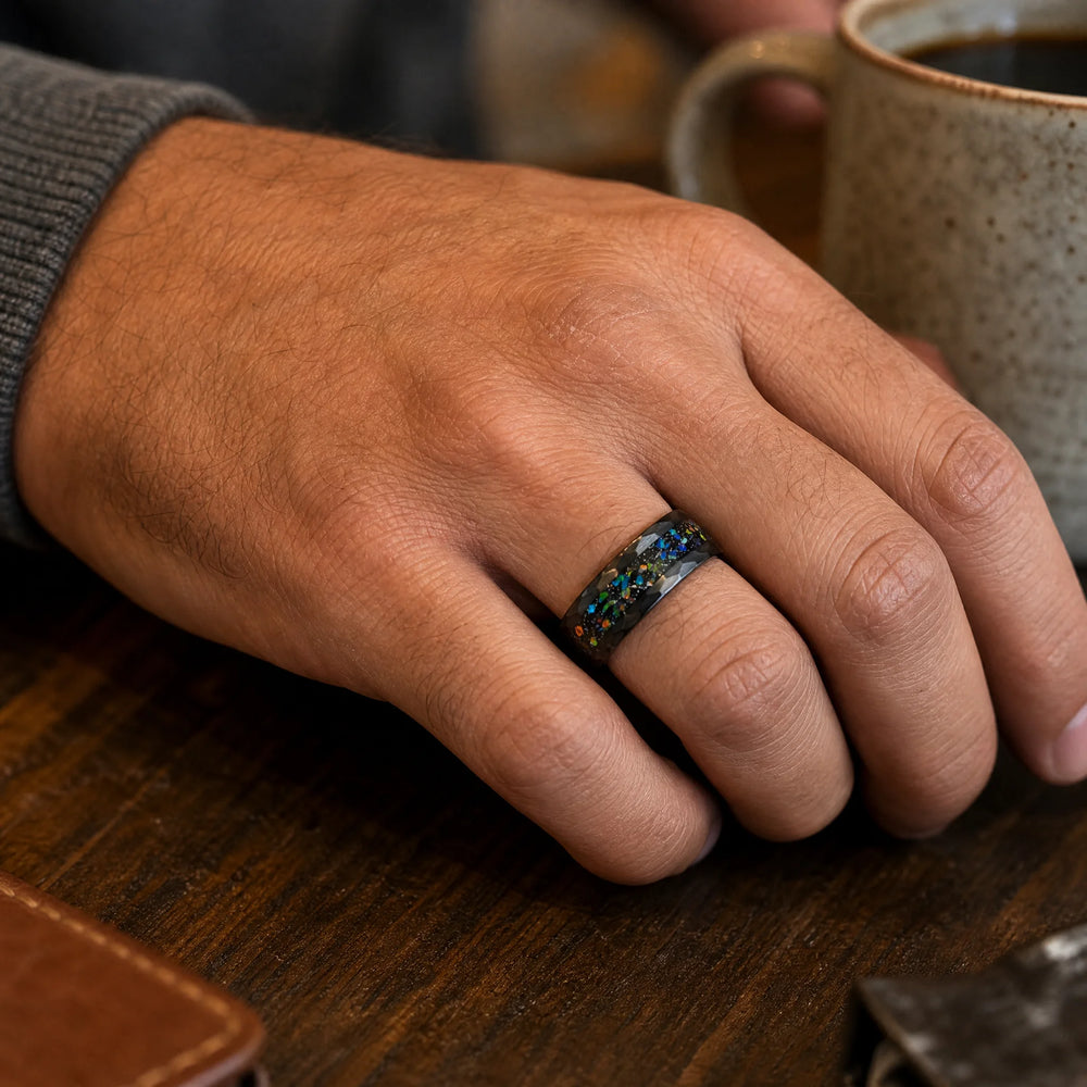 The Relic hammered tungsten and meteorite ring - on-hand view