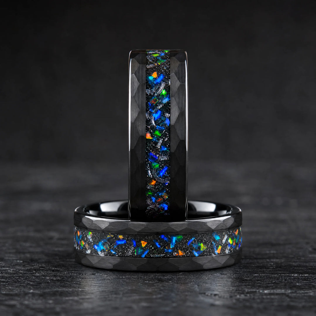 The Relic hammered tungsten and meteorite ring - stacked view