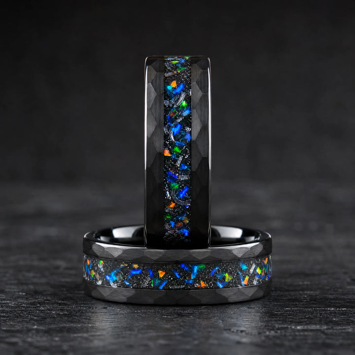 The Relic hammered tungsten and meteorite ring - stacked view