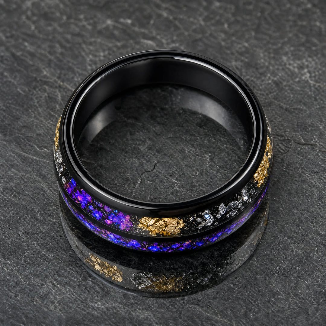 The Reliquary Galaxy Opal, Meteorite and Gold Leaf ring - angled view