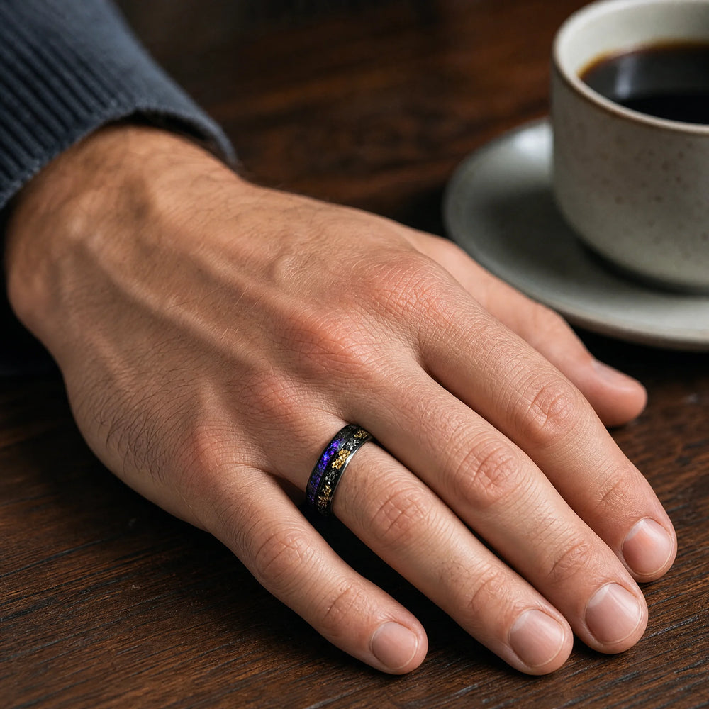 The Reliquary Galaxy Opal, Meteorite and Gold Leaf ring - on-hand view