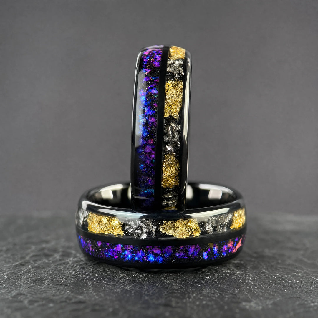 The Reliquary Galaxy Opal, Meteorite and Gold Leaf ring - stacked view