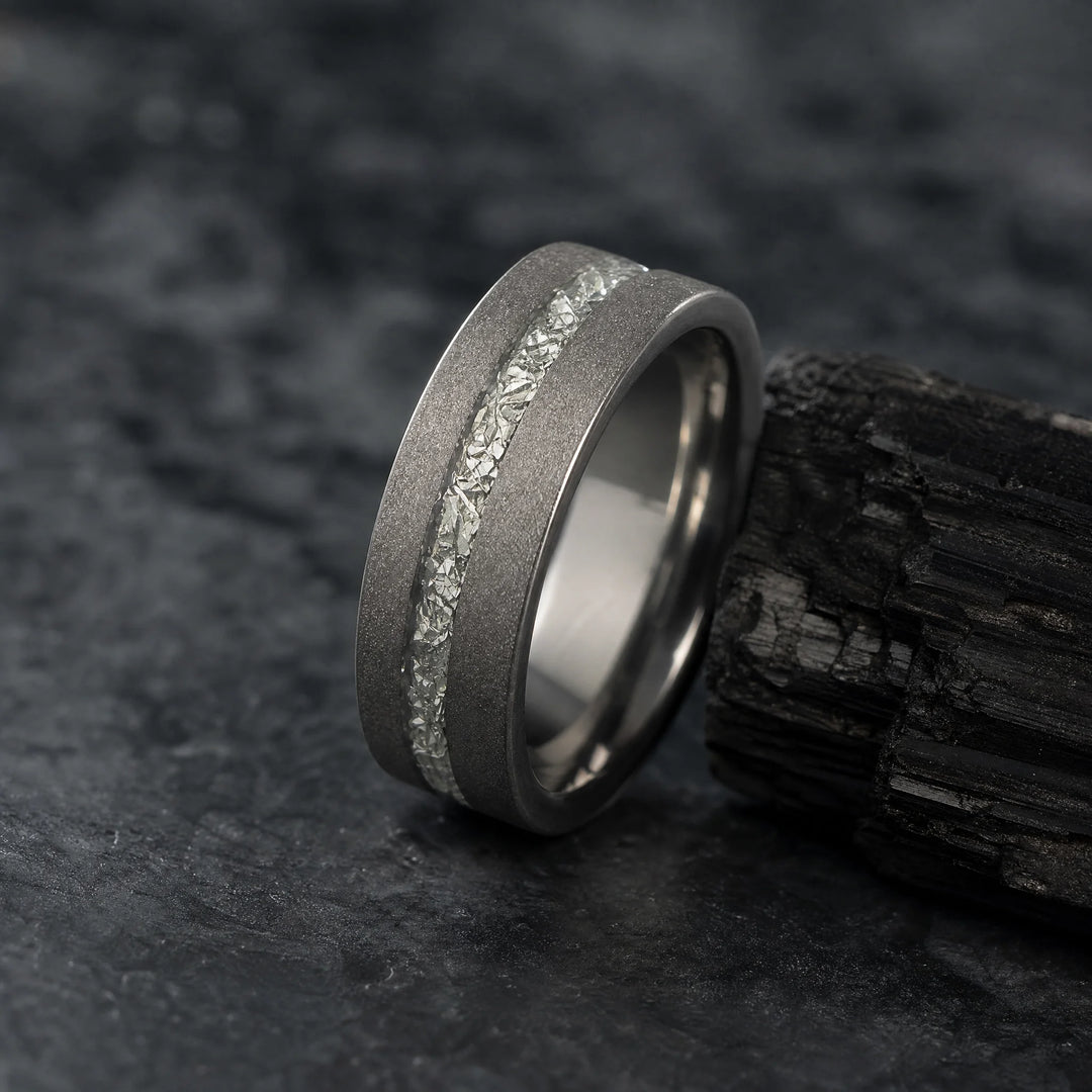 The Remnant meteorite and titanium ring - angled view
