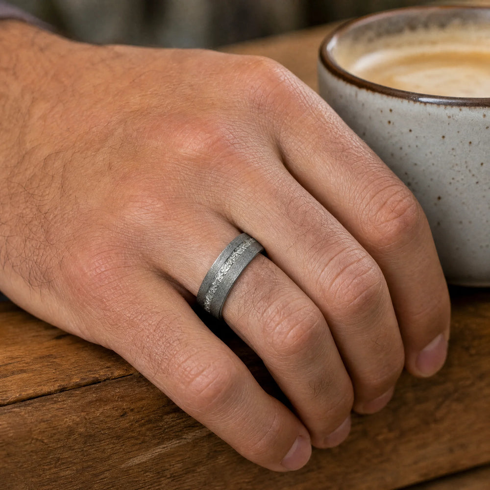 The Remnant meteorite and titanium ring - on-hand view