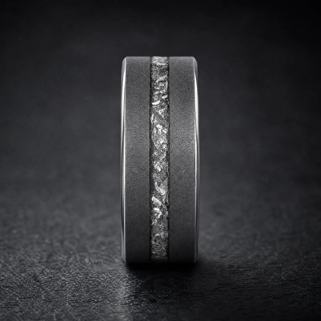 The Remnant meteorite and titanium ring - side view