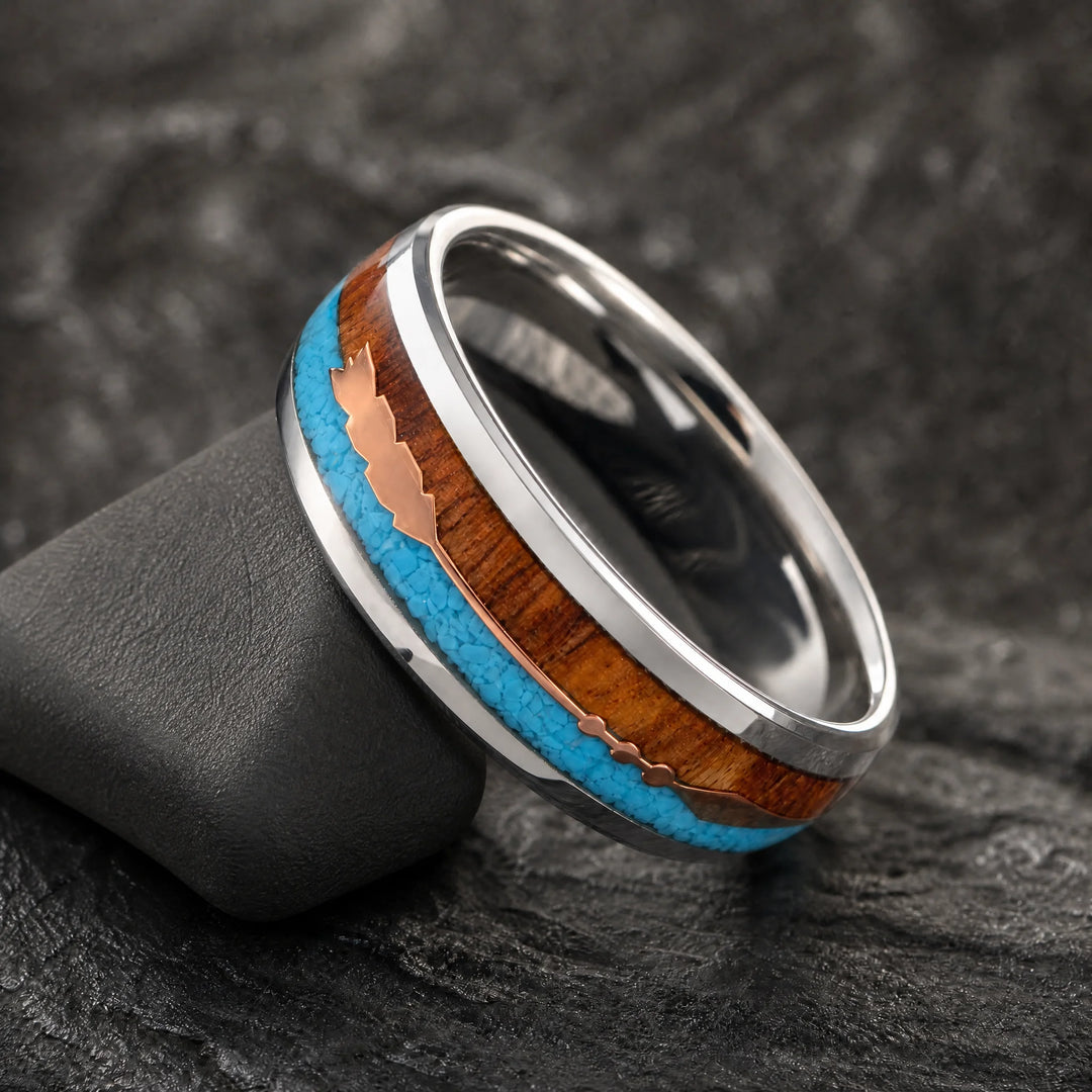 The Sagitta Titanium, Wood, and Turquoise Ring - angled view