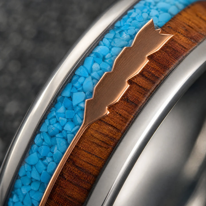 The Sagitta Titanium, Wood, and Turquoise Ring - detail view