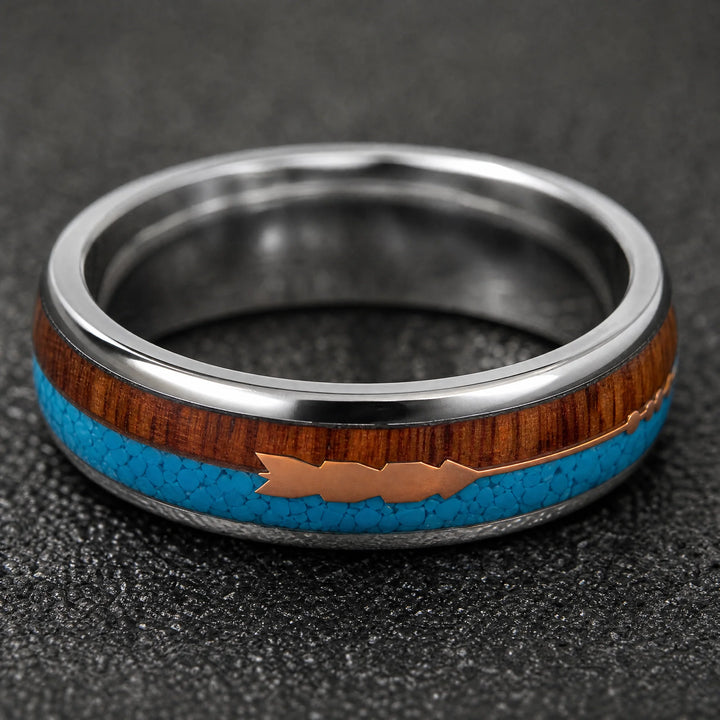 The Sagitta Titanium, Wood, and Turquoise Ring - outer band view