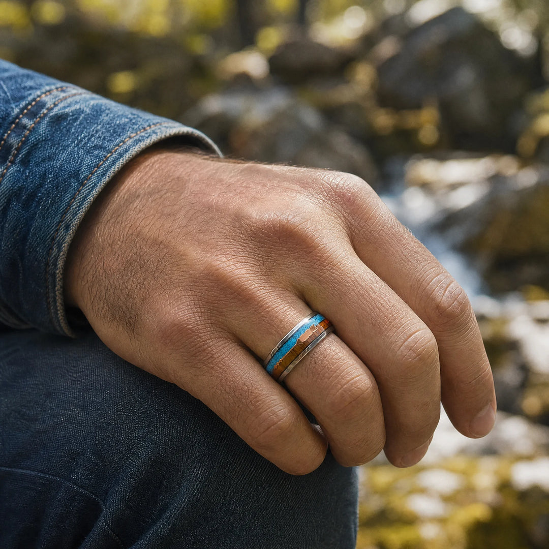 The Sagitta Titanium, Wood, and Turquoise Ring - on-hand view