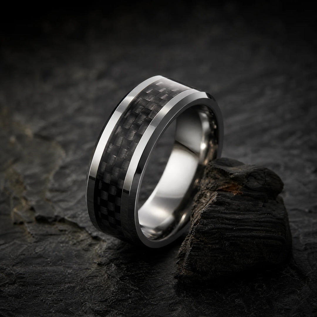 The Stratagem Tungsten and Carbon Fiber ring - angled view