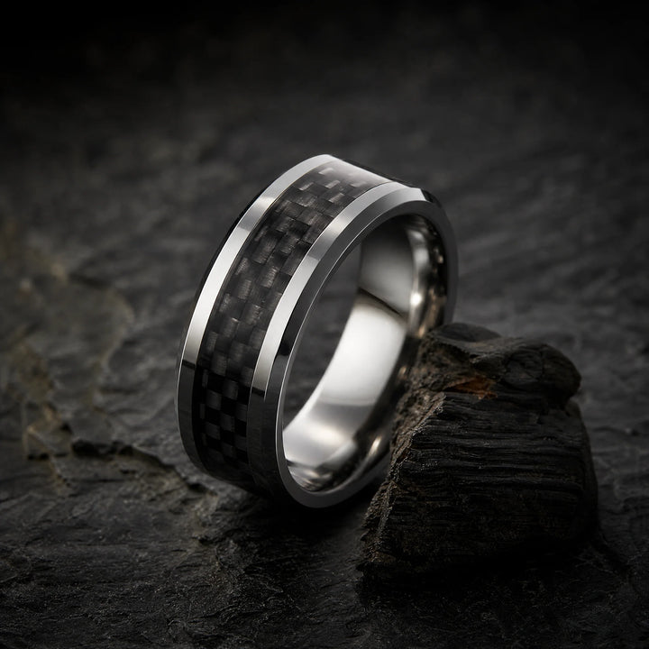 The Stratagem Tungsten and Carbon Fiber ring - angled view